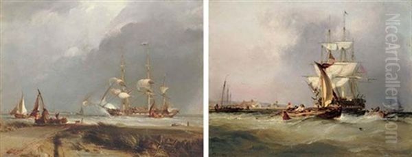 Shrimpers Off Holyhead (+ "homeward Bound": A Dutch East Indiaman Firing A Salute; Pair) Oil Painting by Sir George Chambers