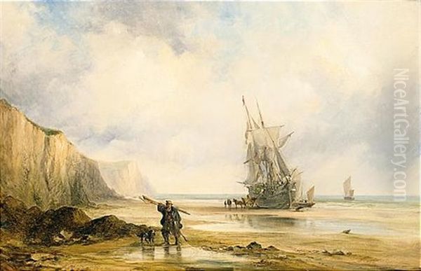 A Fisherman Returning Home, A Vessel Grounded At Low Tide Beyond Oil Painting by Sir George Chambers