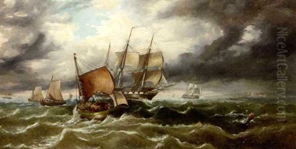 Warships Running Through The Fishing Fleet Offshore Oil Painting by Sir George Chambers