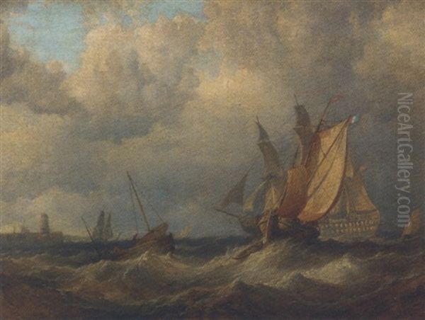 A Royal Naval Two-decker Backing Her Sails And Making Ready To Enter Port by Sir George Chambers