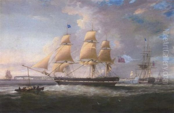 A Merchantman In Two Positions In The Downs Off Deal Oil Painting by Sir George Chambers