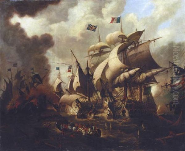 Naval Engagement Oil Painting by Sir George Chambers