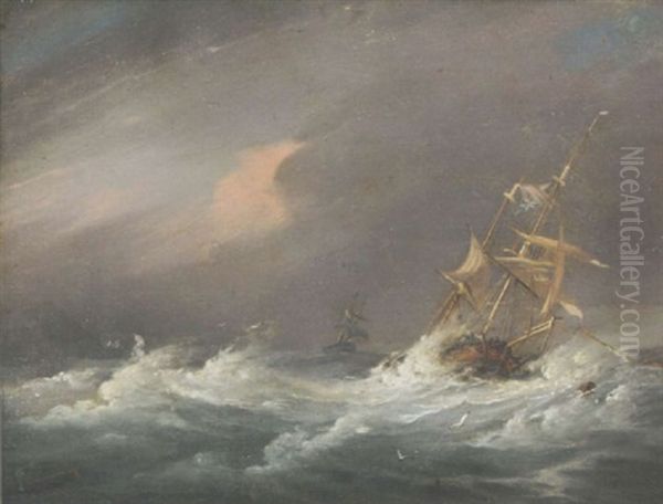 A Two-master In Distress With A Ship Coming Up Astern Oil Painting by Sir George Chambers