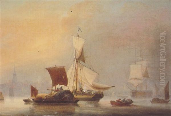 Barges And Other Traders In The River Oil Painting by Sir George Chambers