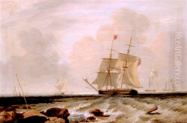 A Two Master And Other Shipping Off A Rocky Coast Oil Painting by Sir George Chambers