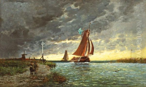 Bateaux Sur La Meuse Oil Painting by Auguste-Paul-Charles Anastasi