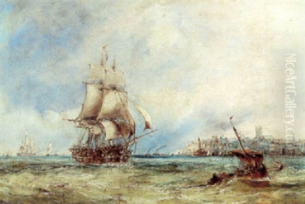 A View Of Folkstone Harbour With A Frigate And A Fishing Smack Oil Painting by Sir George Chambers