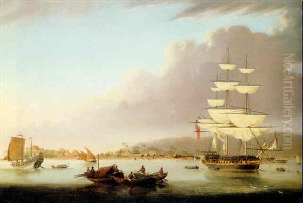 A Man-of-war At Anchor Off The Coast Of China Oil Painting by Sir George Chambers