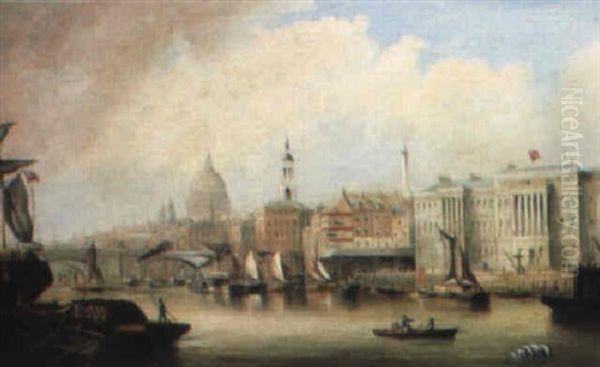 View On The Thames, Showing St. Pauls, The Monument And London Bridge Oil Painting by Sir George Chambers