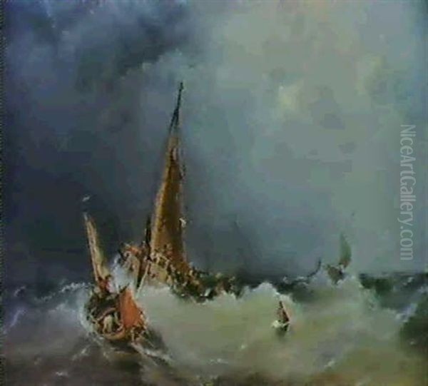 Fishing Boats Shortening Sail Oil Painting by Sir George Chambers