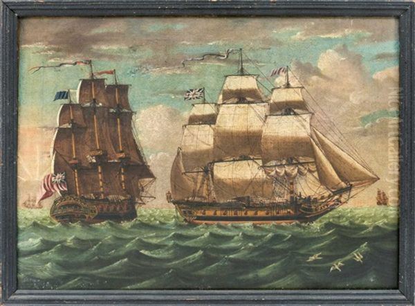 English Warship At Sea Oil Painting by Thomas Chambers