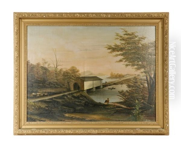 Hudson River Landscape With Covered Bridge And Causeway, Small Village Oil Painting by Thomas Chambers