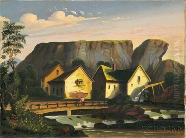 Riverside Buildings Below A Cliff Oil Painting by Thomas Chambers