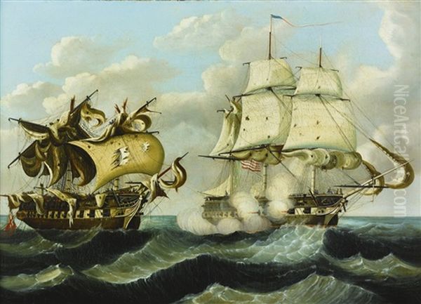 Capture Of H.b.m Frigate Macedonian By The U.s.s. United States On October 25, 1812 Oil Painting by Thomas Chambers