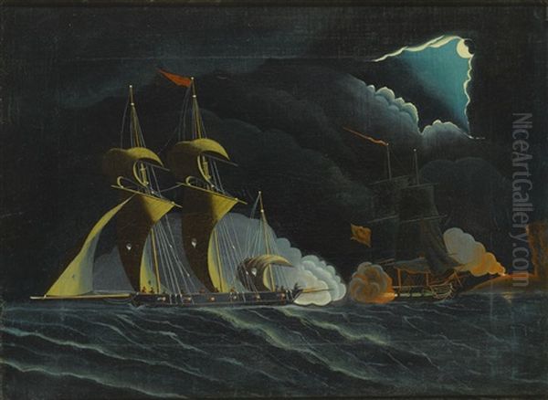 Seascape, Night Scene With Pirate Ships And Cutter Firing Cannon Oil Painting by Thomas Chambers