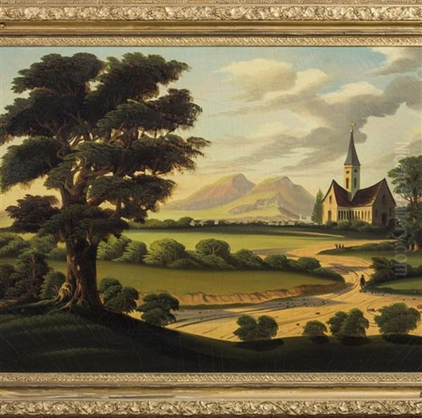 Country Landscape With Village And Chapel Oil Painting by Thomas Chambers