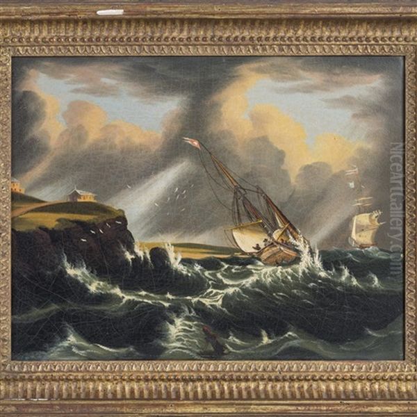 Ships In A Stormy Sea Oil Painting by Thomas Chambers