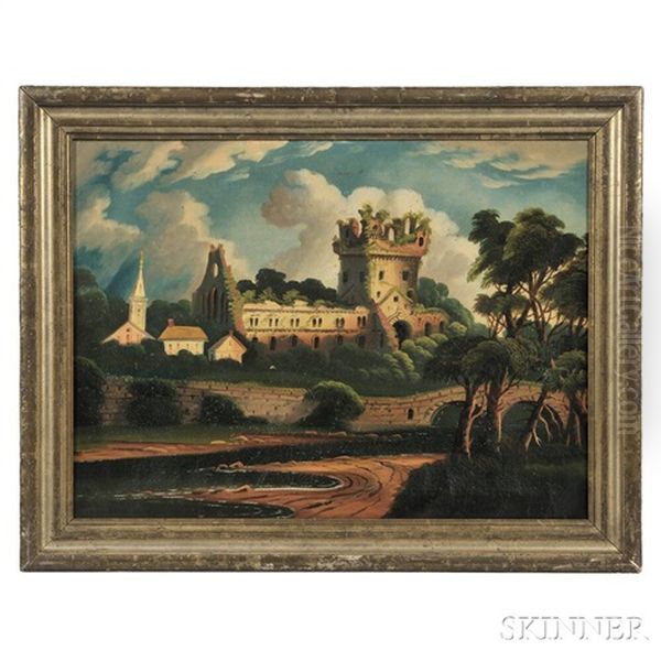 River Landscape With Ruins Of A Church Oil Painting by Thomas Chambers