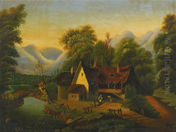 Tumble-down Cottage By A Stream, A Black Woman In The Yard Oil Painting by Thomas Chambers