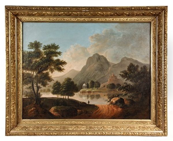 Idyllic Mountain Landscape With Castle Ruins And Marble Temple On Opposite Bank Of Lake Oil Painting by Thomas Chambers