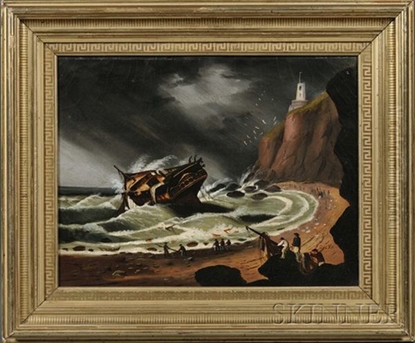 Shipwreck Off A Rocky Coast With Figures Gathering Debris And Distant Lighthouse Oil Painting by Thomas Chambers