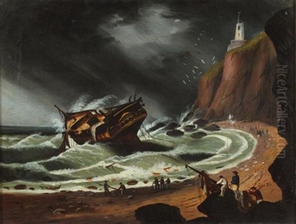 Ship In Storm Oil Painting by Thomas Chambers