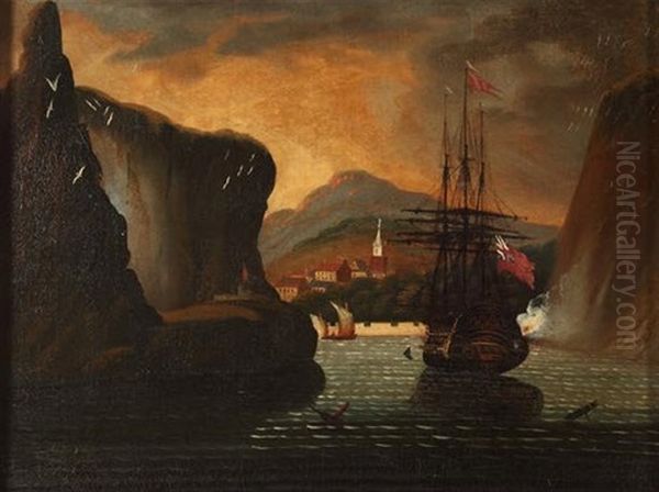 British Ship In Harbor Oil Painting by Thomas Chambers