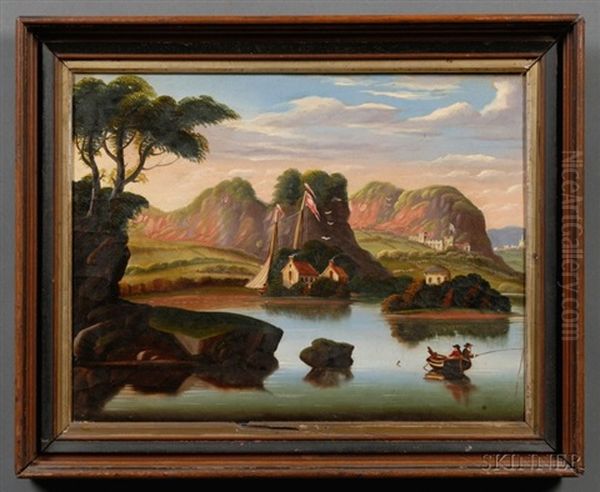 River Valley With Fishermen, Cottages And Distant Castle Oil Painting by Thomas Chambers