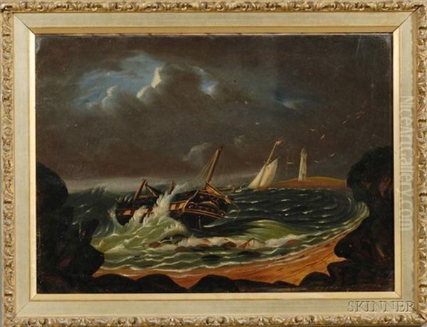 Shipwreck Off A Rocky Coast With Distant Lighthouse Oil Painting by Thomas Chambers