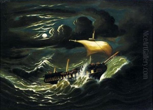 Storm Tossed Frigate In Moonlight Oil Painting by Thomas Chambers