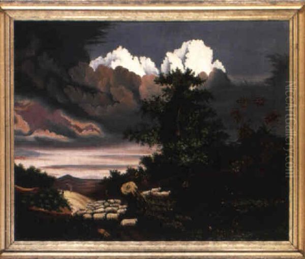 A Shepherd And A Flock Of Sheep In A Landscape With Approaching Storm Oil Painting by Thomas Chambers