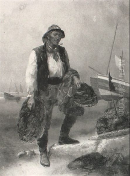 A Fisherman Bringing In The Nets And Pots Oil Painting by Thomas Chambers