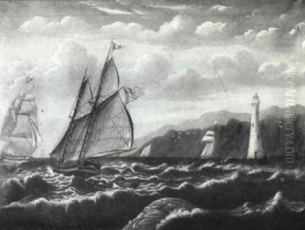 Coastal View With Sailing Vessels And Lighthouse Oil Painting by Thomas Chambers