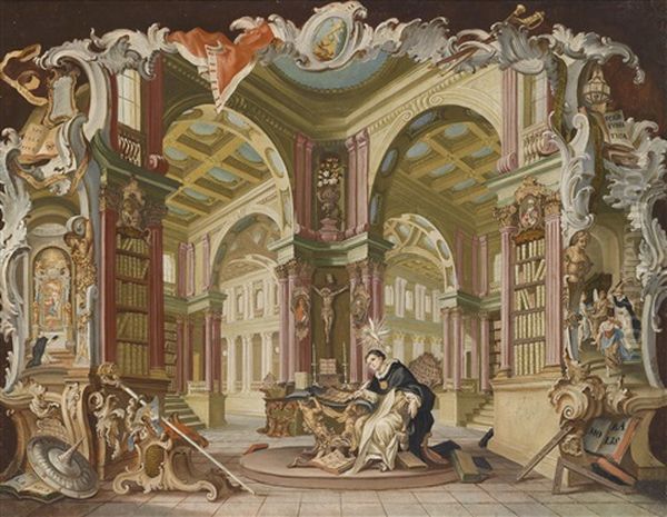 Die Sog. Vier Fakultaten: Theologie, Philosophie, Jurisprudenz Und Medizin (ubermalte Kupferstiche) (4 Works) Oil Painting by Johannes Chambrez