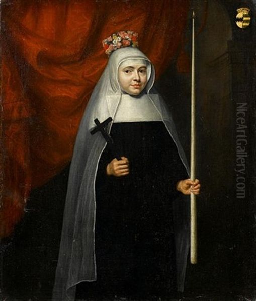 Portrait Of A Child Dressed As A Carmelite Nun Holding A Crucifix And A Candle, Wearing A Crown Of Flowers, Standing Before A Red Curtain Oil Painting by Jean-Baptiste De Champaigne