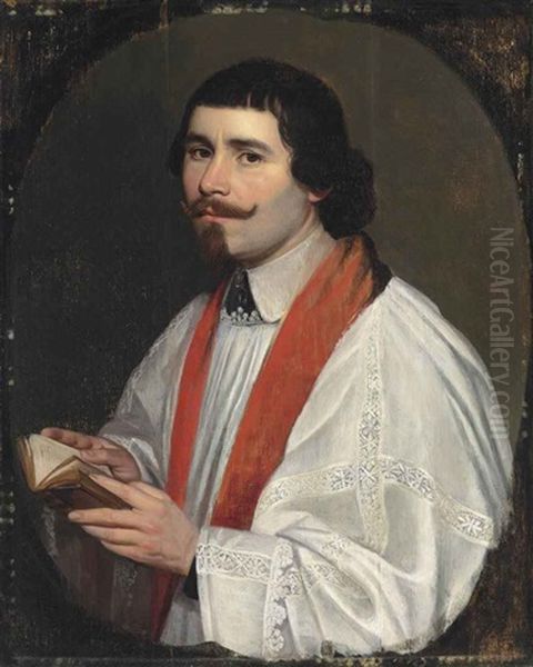 Portrait Of A Cleric, Half-length, In A White Surplice And Crimson Stole, Holding A Book, In A Feigned Oval Oil Painting by Philippe de Champaigne