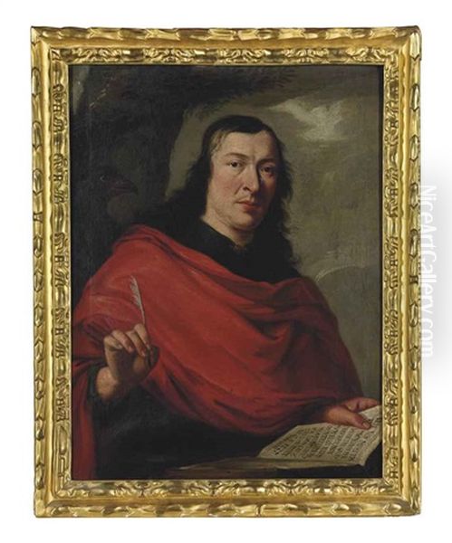 Portrait Of A Gentleman As Saint John The Evangelist, Half-length, With A Book And A Quill Pen Oil Painting by Philippe de Champaigne