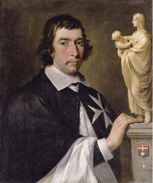 Portrait Of A Knight Of Malta (francois Joseph De Robert De Termes?) Next To A Statuette Of The Madonna And Child Oil Painting by Philippe de Champaigne