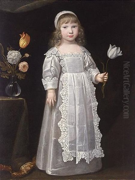 A Portrait Of A Young Girl Wearing A White Dress With An Apron Set With Lace And A White Bonnet, Holding A Tulip In Her Left Hand Oil Painting by Philippe de Champaigne