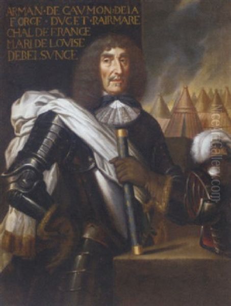 Portrait Of Armand De Caumont, Duc De La Force, Marshal Of France, In Armour, Holding A Baton, His Helm Beside Him Oil Painting by Philippe de Champaigne