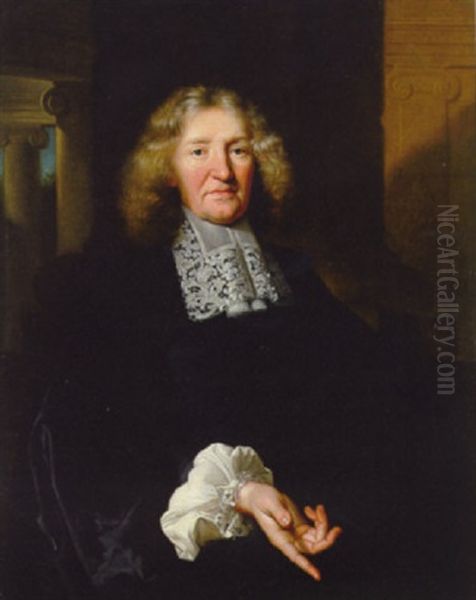 Portrait Of Nicolas Henin De Cuvilers In Black Costume And A Lace Collar, Before A Colonnade Oil Painting by Philippe de Champaigne