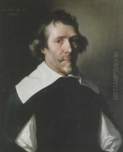 Portrait Of A Cleric, Aged 56, In A Black Coat With Slashed Sleeves Oil Painting by Philippe de Champaigne