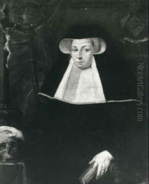 Portrait Of The Abbess, Electa Domina Adriana Heylinck,     Half Length, Holding A Bible, Her Hand Resting On A Skull Oil Painting by Philippe de Champaigne