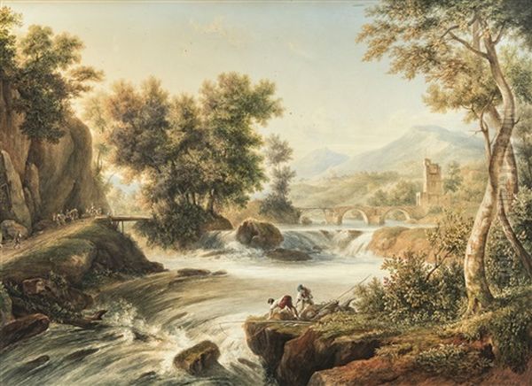 A Mountain River Landscape With Fishermen (1830) Oil Painting by Jean-Jacques Champin