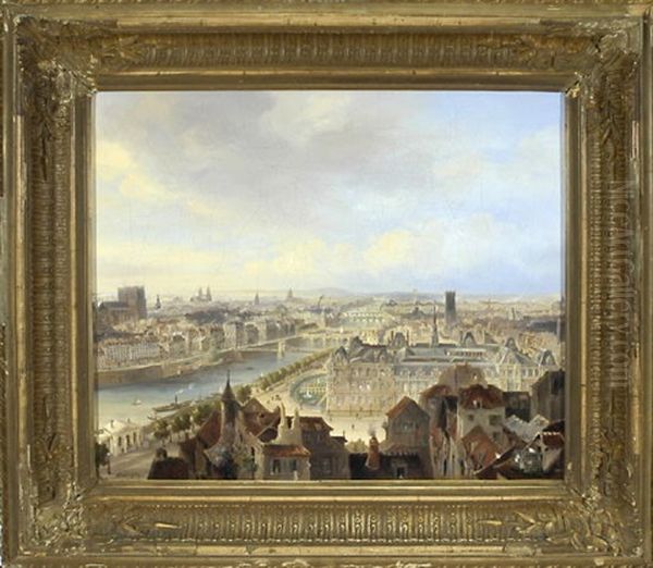 Paris - Vue Prise Au Dessus De L# Hotel De Ville En Regard Le Chauteau Des Emilerin Oil Painting by Jean-Jacques Champin