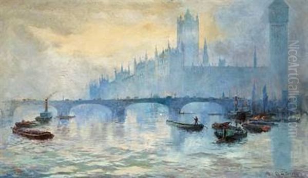 Blue Hour At The River Thames In London With Big Ben And The Parliament Oil Painting by Rose Champion De Crespigny