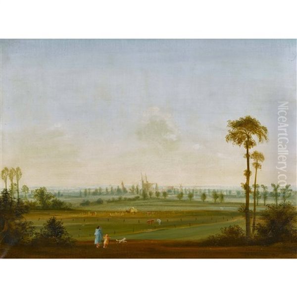 Weite Landschaft Mit Frau, Kind Und Hund by Theodore Champion