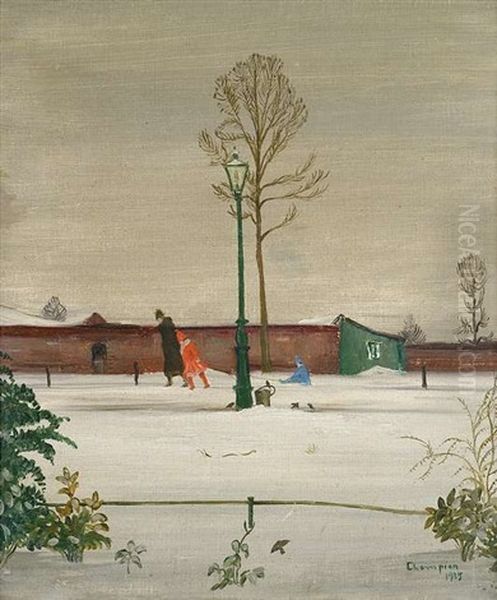 Mutter Mit Zwei Kindern Und Schlitten Im Verschneiten Dusseldorf Oil Painting by Theodore Champion