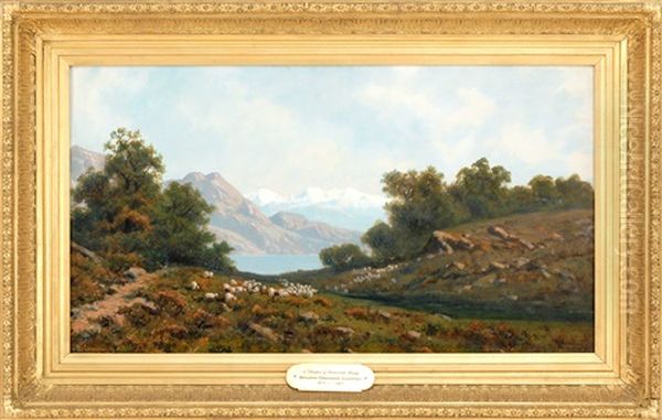 Valley Landscape With Grazing Sheep And Distant Mountains Oil Painting by Benjamin Champney