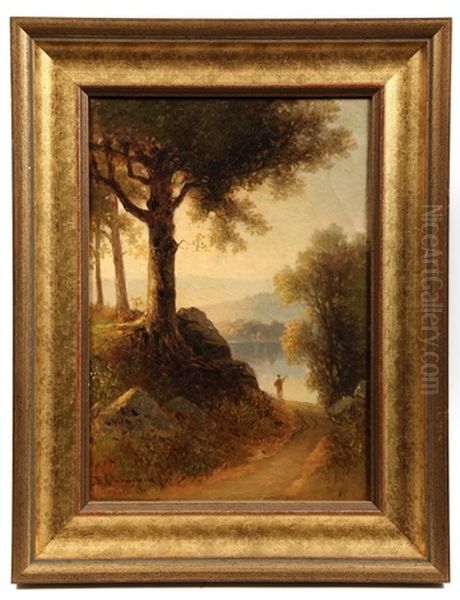 Fisherman On Streamside Road, Autumn Oil Painting by Benjamin Champney